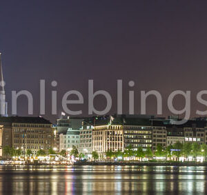 Panorama Binnenalster Hamburg bei Nacht Acryl, Alu Dibond, Leinwand, Poster